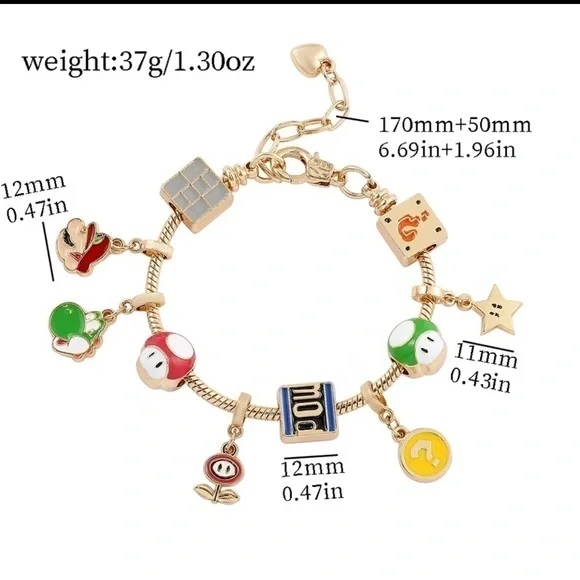 Gold Plated Super Mario Bros Nintendo Themed Charm Bracelet - Picture 5 of 6